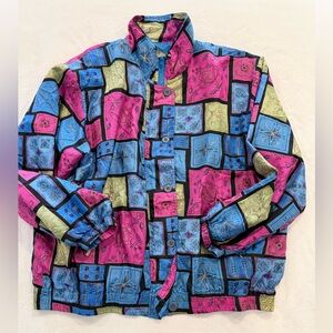Cervelle Vintage Colorful Patchwork 100% Silk Women's Jacket/Windbreaker, 2XL